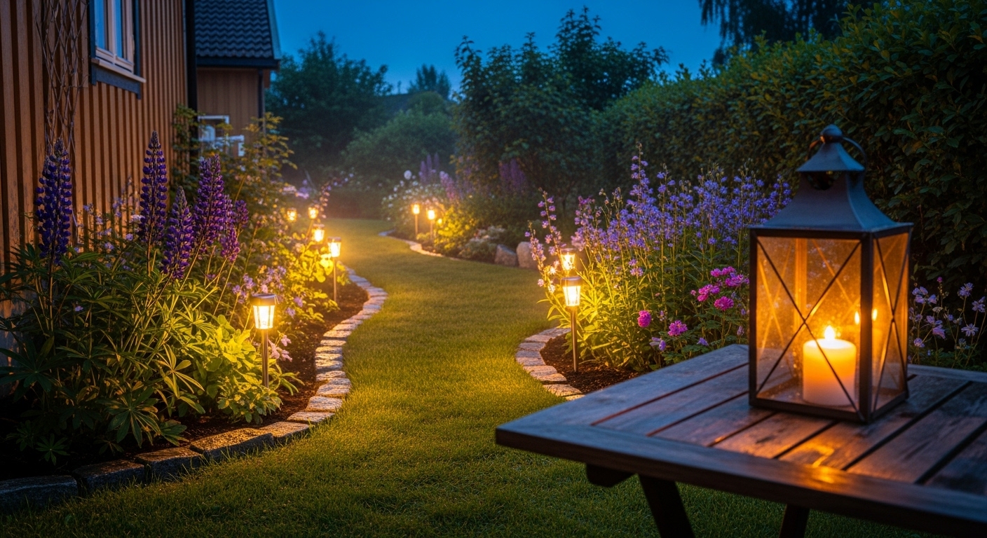 En koselig uteplass med bålpanne og stoler om kvelden