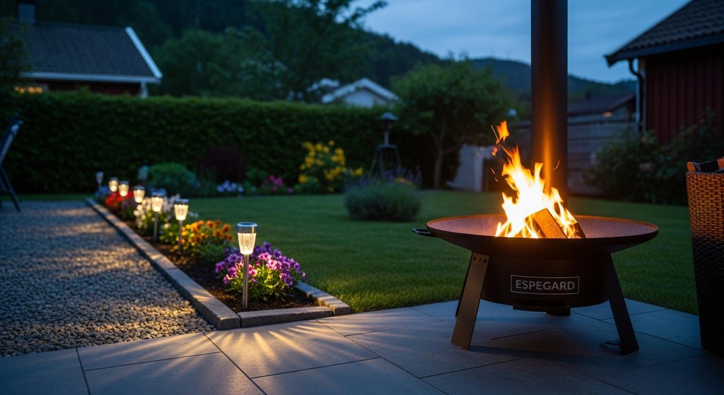 Nærbilde av en moderne solcellelampe i et blomsterbed